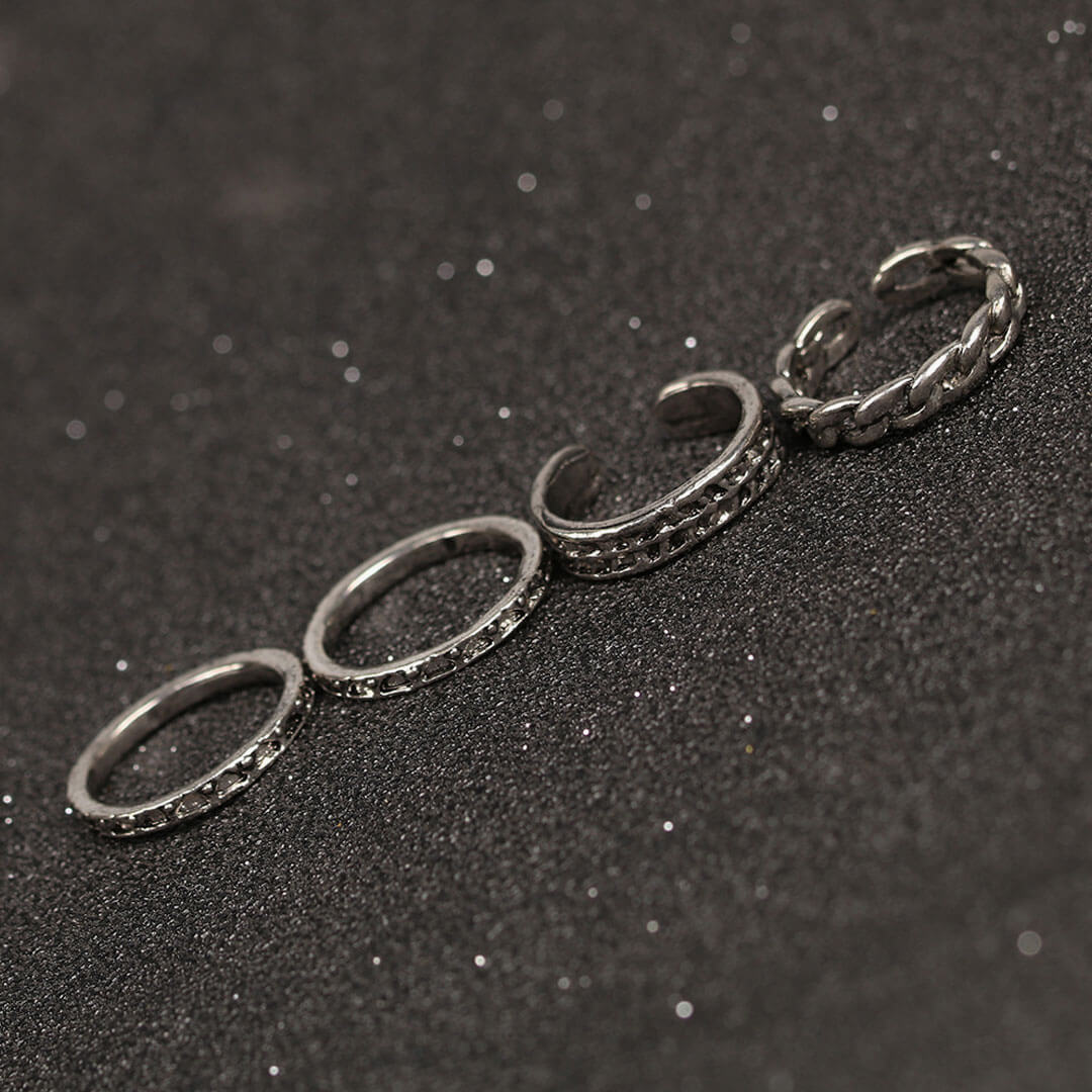 Boho Style Multi Mix Stone Trimmed Embossed Ring Set - Silver - Image 3