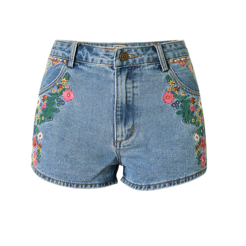 Boho Style Floral Embroidered High Waist Denim Shorts - Blue - Image 3