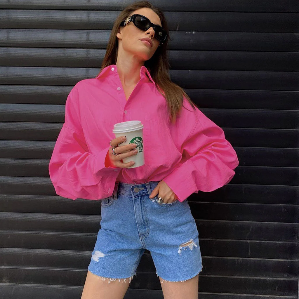 Bold Collared Long Sleeve Button Up Oversized Shirt - Hot Pink - Image 2