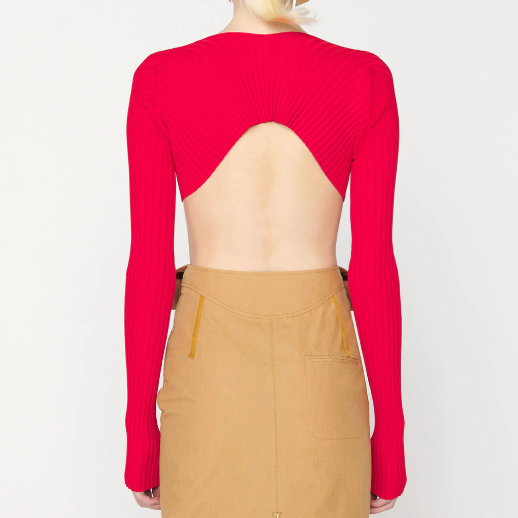 Bold Letter Chain Open Front Long Sleeve Ribbed Crop Cardigan - Red - Image 4