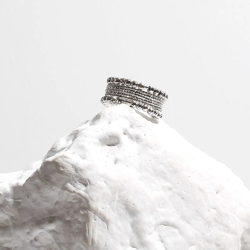 Bold Style Silver Tone Beaded Layered Open Cuff Ring - Silver - Image 4