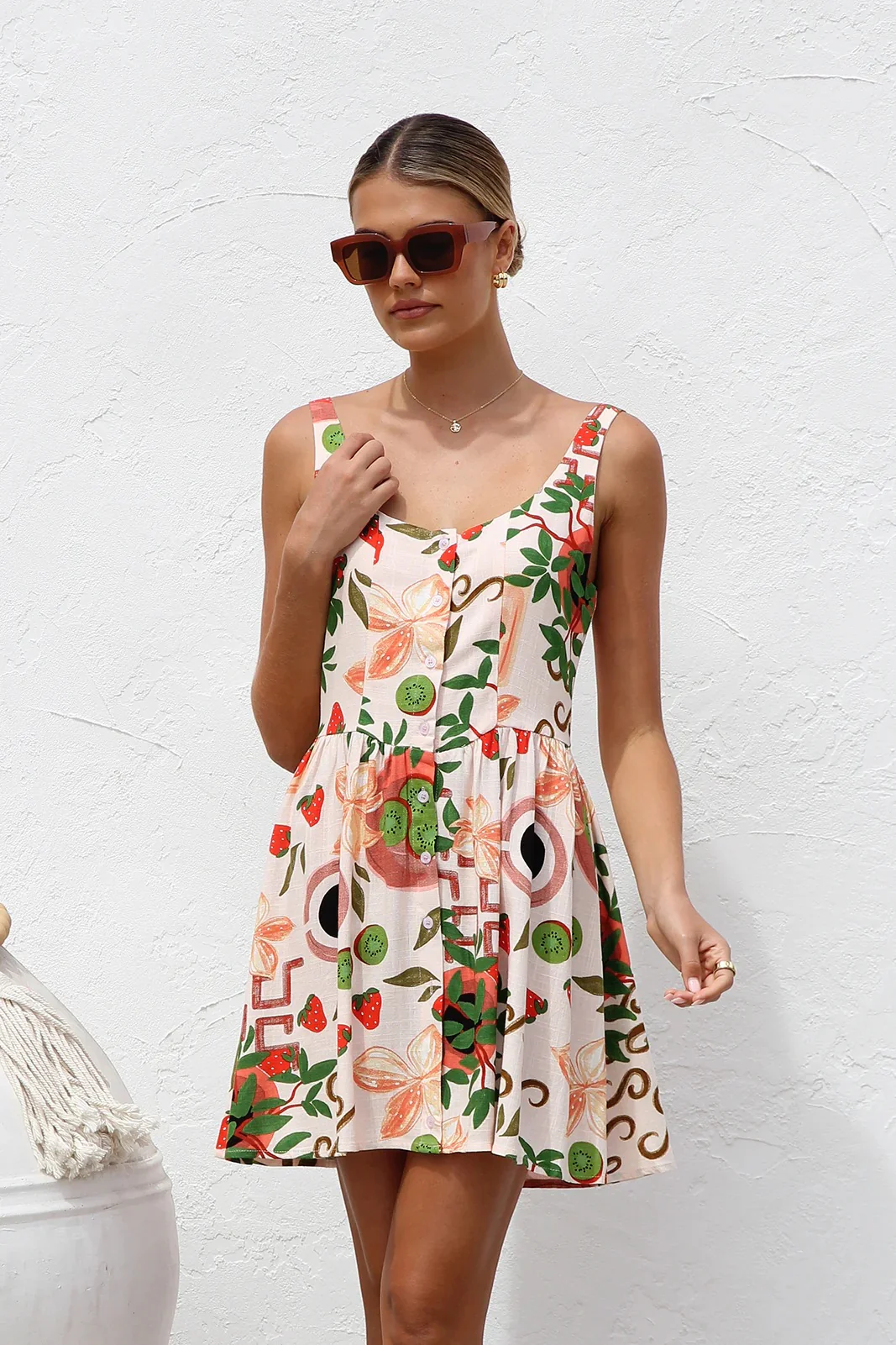 Botanical Print Sleeveless Button-Down Mini Dress - Image 3