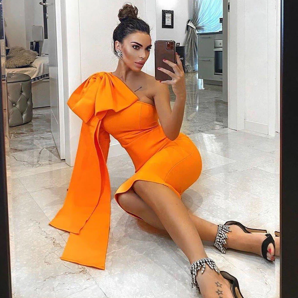 Bowknot One Shoulder Long Sleeve Bodycon Bandage Midi Dress - Burnt Orange - Image 3