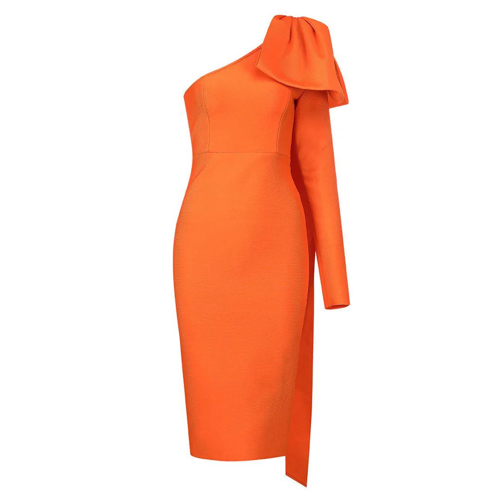 Bowknot One Shoulder Long Sleeve Bodycon Bandage Midi Dress - Burnt Orange - Image 4