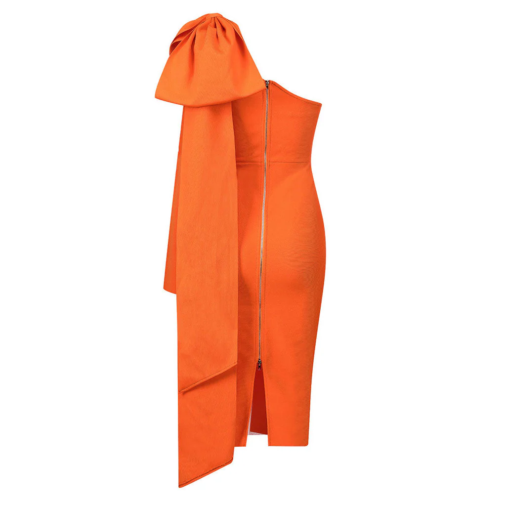 Bowknot One Shoulder Long Sleeve Bodycon Bandage Midi Dress - Burnt Orange - Image 5