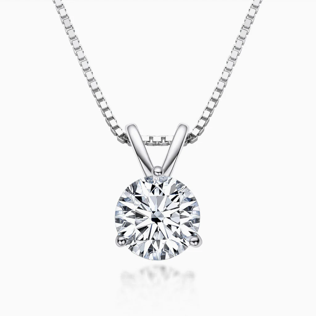 Box Chain Sterling Silver Three Prong Moissanite Solitaire Pendant NeckLace - Image 2
