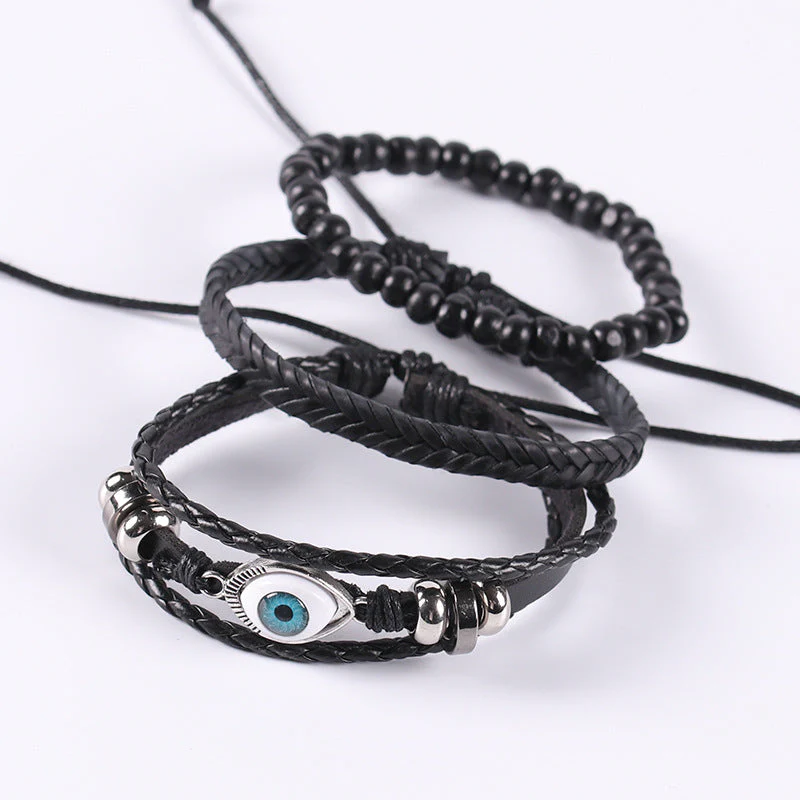 Braided leather cord evil eye bracelet black - Image 2