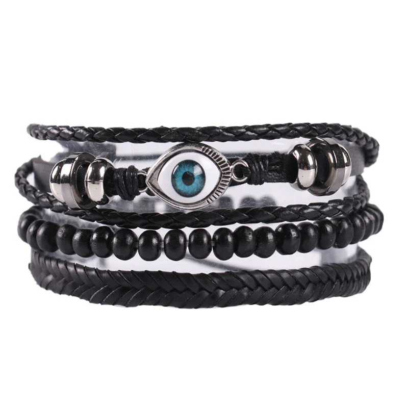 Braided leather cord evil eye bracelet black - Image 4
