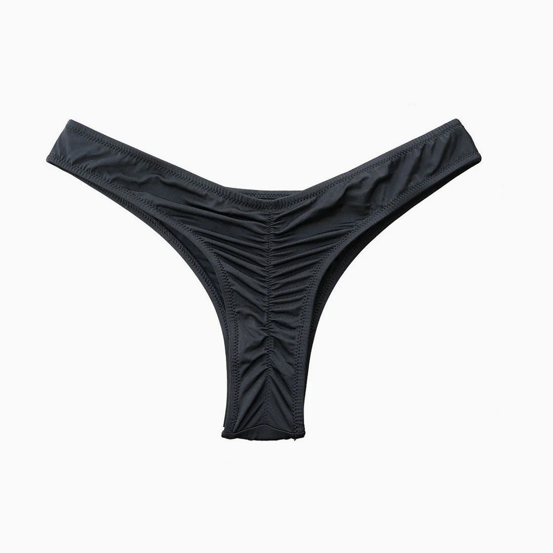 Brazilian Solid Color High Leg Scrunch Bikini Thong Bottom - Black - Image 3