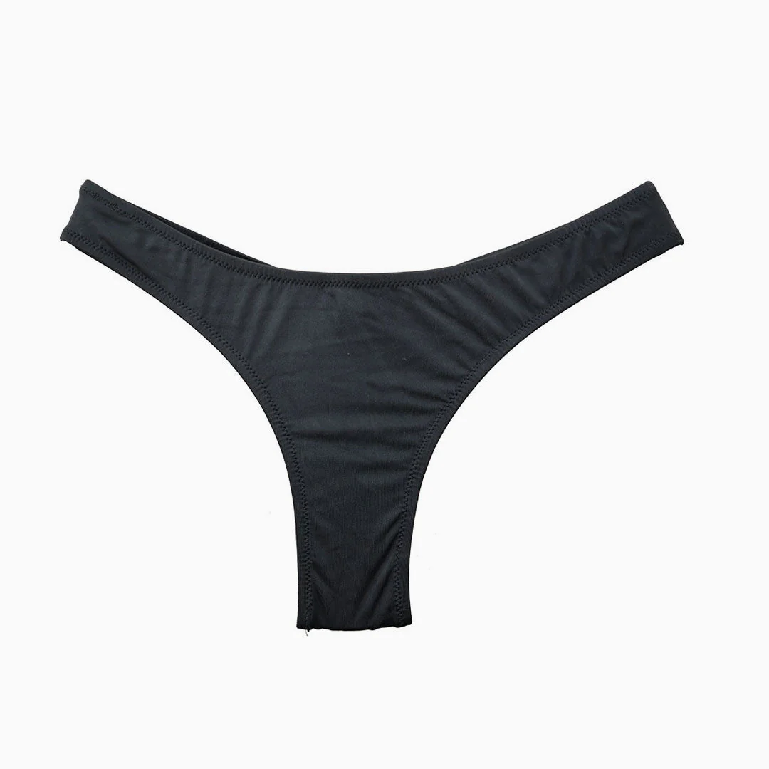 Brazilian Solid Color High Leg Scrunch Bikini Thong Bottom - Black - Image 4