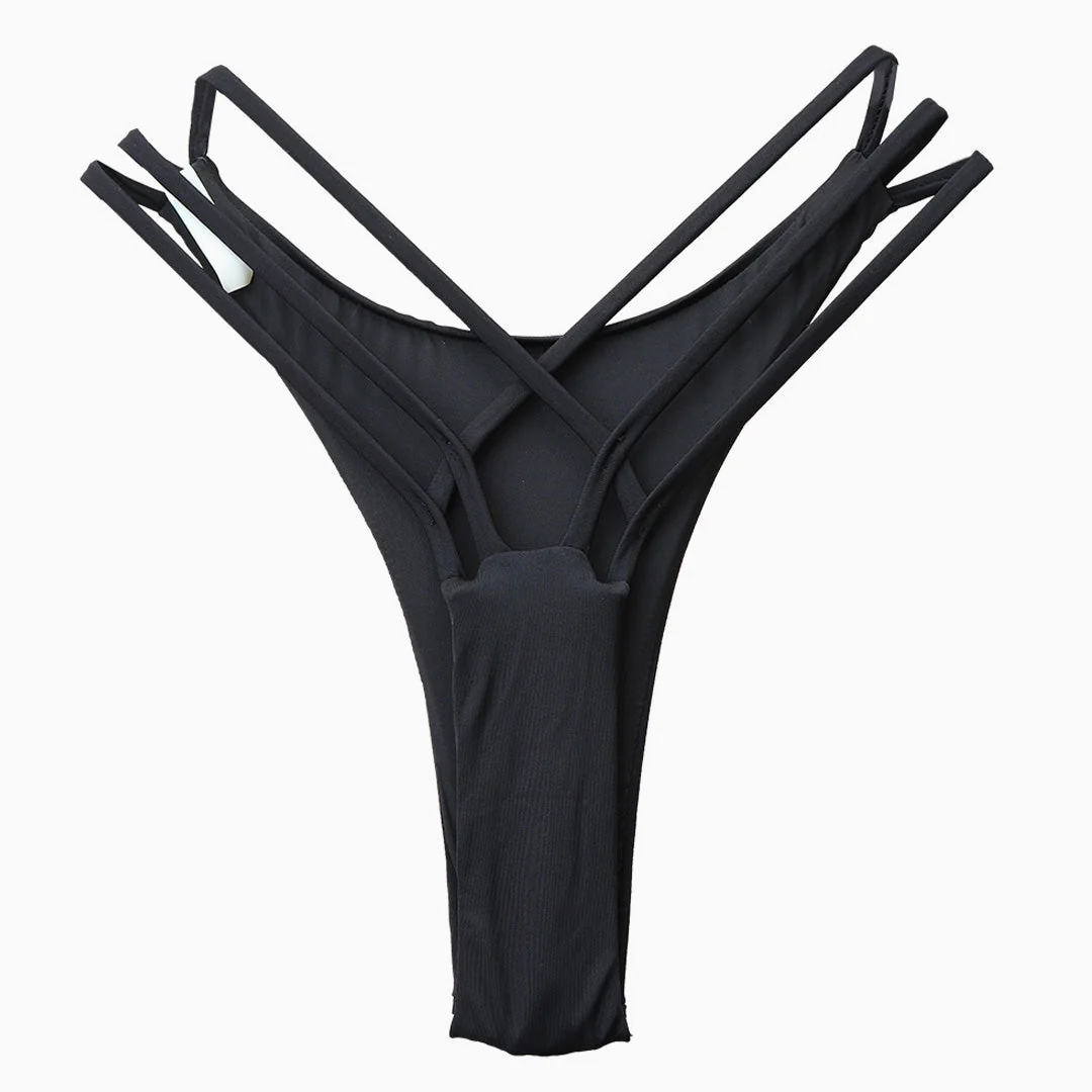 Brazilian Solid Cut  Out Crisscross Strappy Bikini Thong Bottom - Black - Image 3