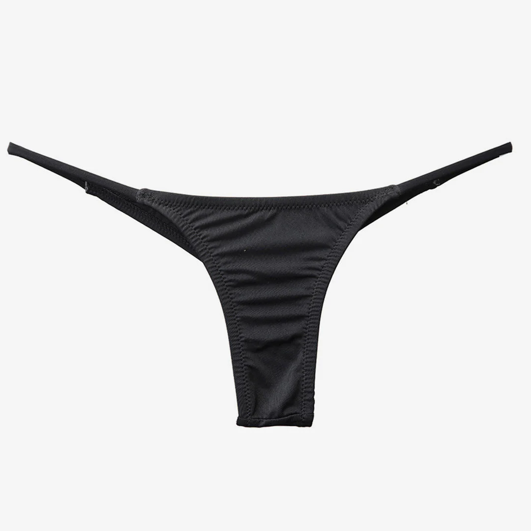 Brazilian Solid Color Ruched String Bikini Thong Bottom - Black - Image 2
