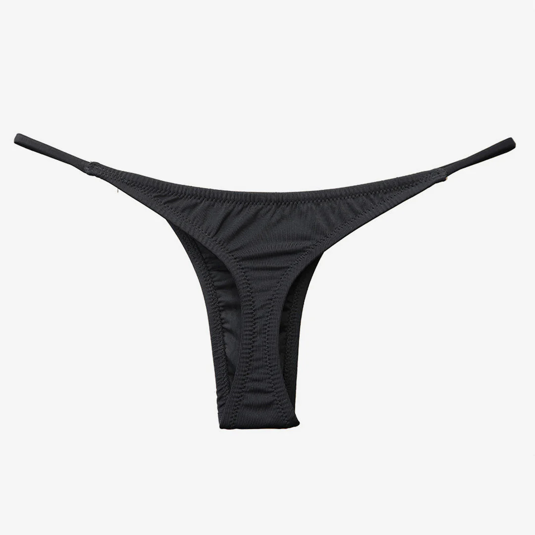 Brazilian Solid Color Ruched String Bikini Thong Bottom - Black - Image 3