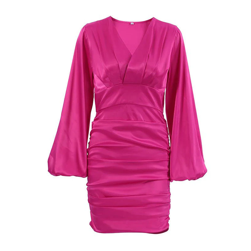 Breathtaking Ruched Bishop Sleeve V Neck Party Mini Dress - Hot Pink - Image 4