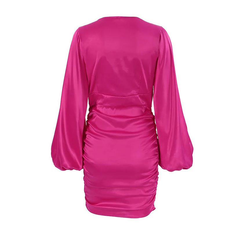 Breathtaking Ruched Bishop Sleeve V Neck Party Mini Dress - Hot Pink - Image 5