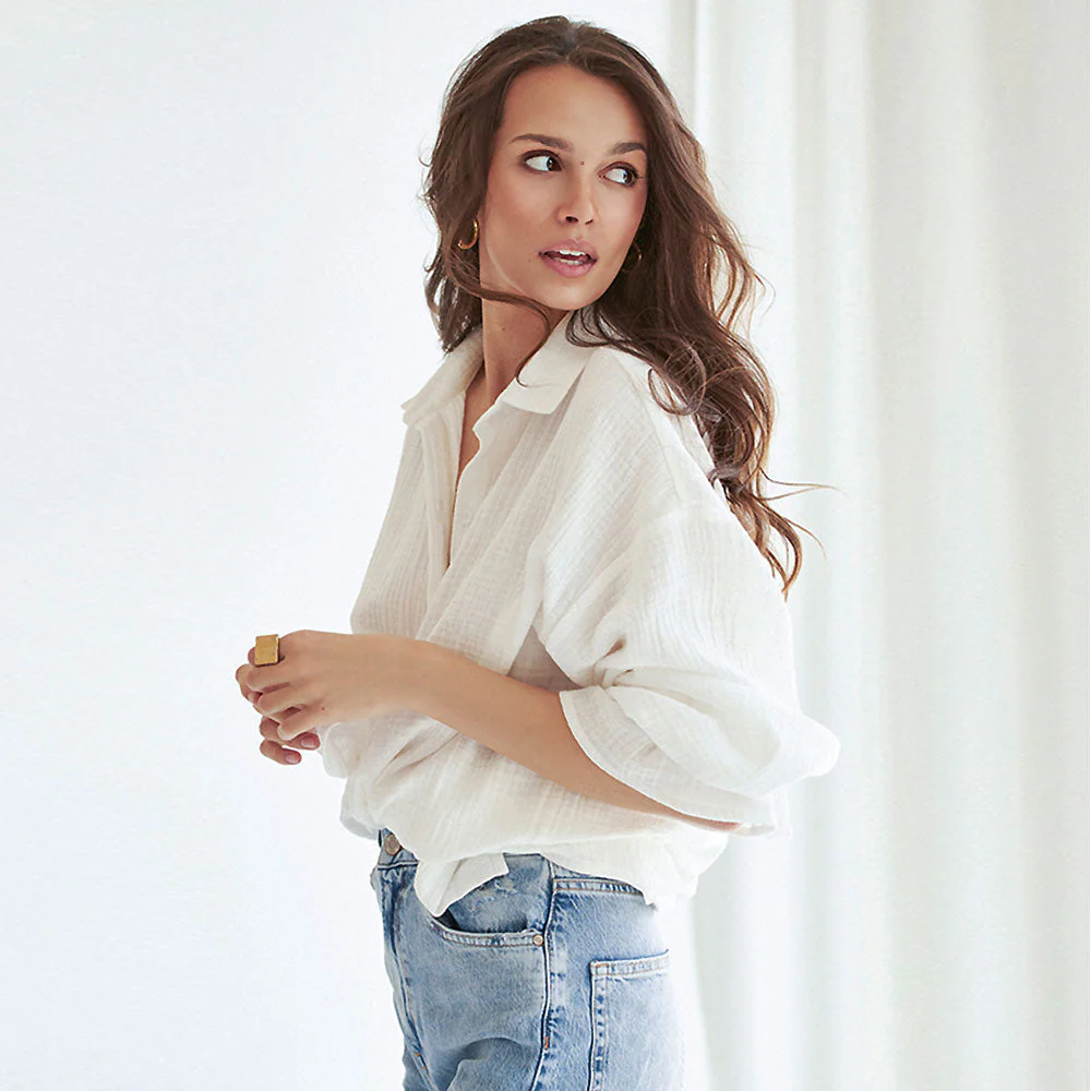 Breathtaking Textured Ruffle Drop Shoulder Button Up Collared Blouse - White - Image 2