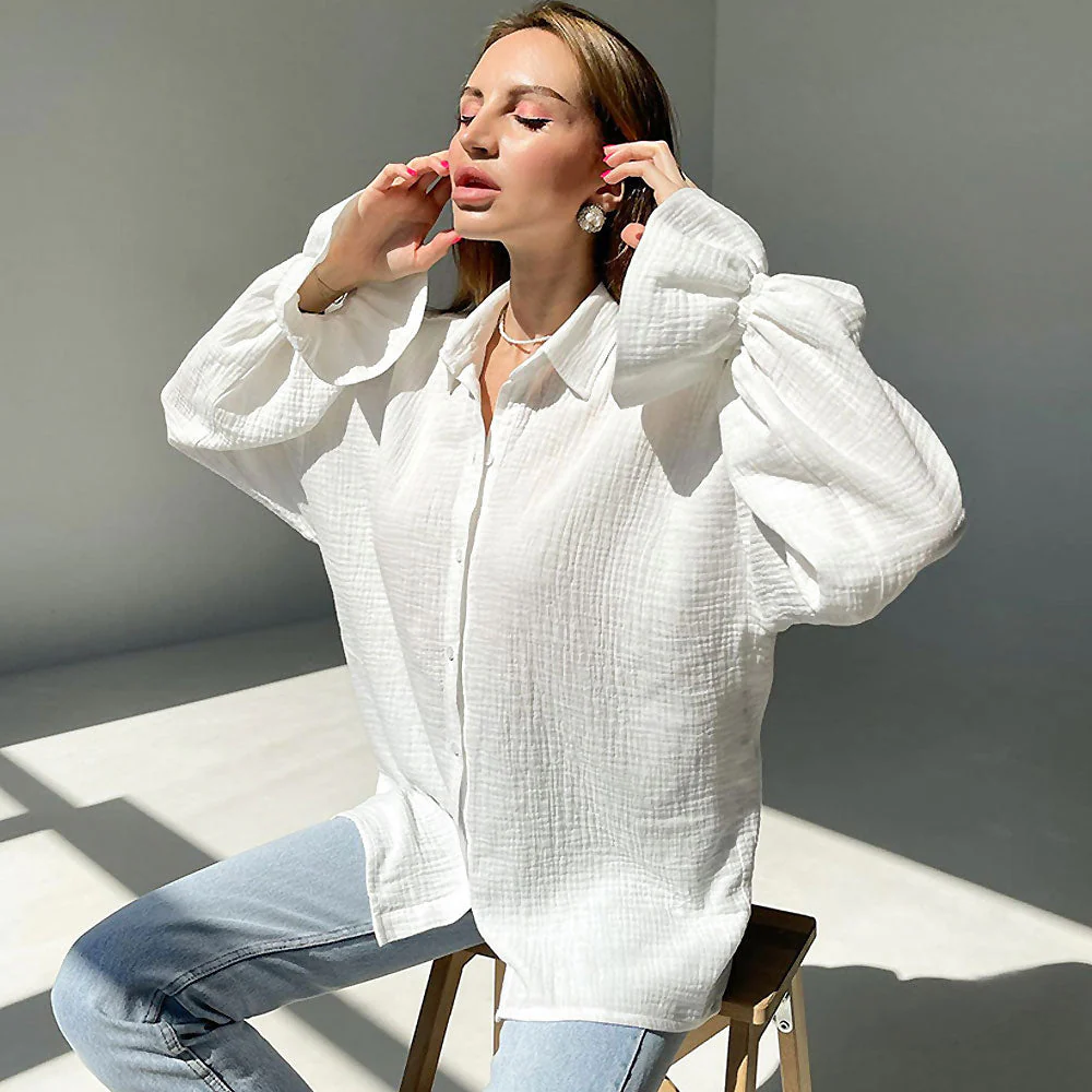 Breathtaking Textured Ruffle Drop Shoulder Button Up Collared Blouse - White - Image 3