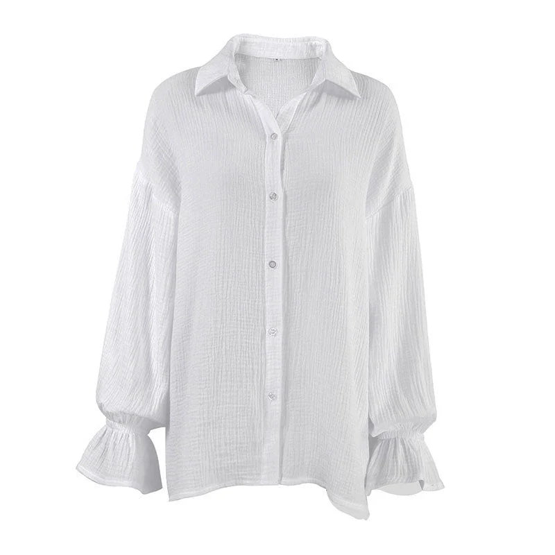 Breathtaking Textured Ruffle Drop Shoulder Button Up Collared Blouse - White - Image 4