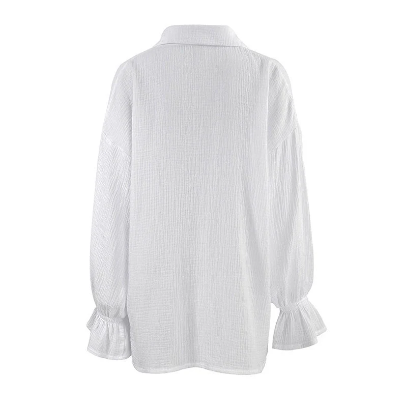 Breathtaking Textured Ruffle Drop Shoulder Button Up Collared Blouse - White - Image 5