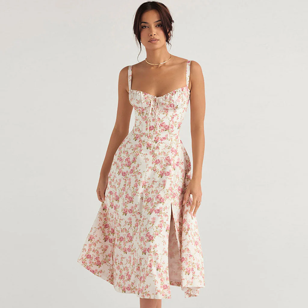Breezy Floral Printed Lace Up Back Tie String Slit Midi Sundress - Pink - Image 2