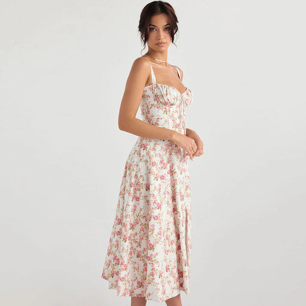 Breezy Floral Printed Lace Up Back Tie String Slit Midi Sundress - Pink - Image 3