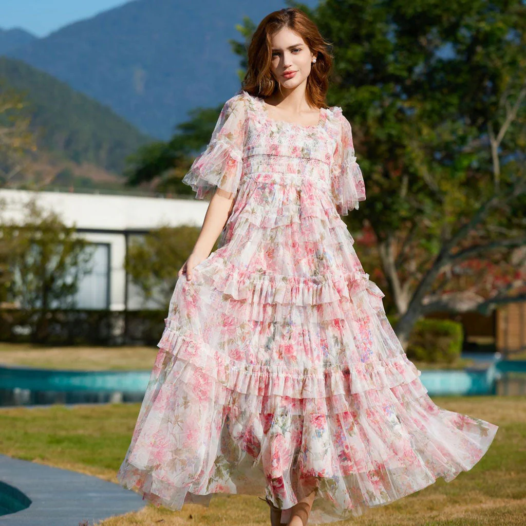 Breezy Short Sleeve A Line Summer Smocked Printed Floral Tulle Ruffle Maxi Dress - Image 3
