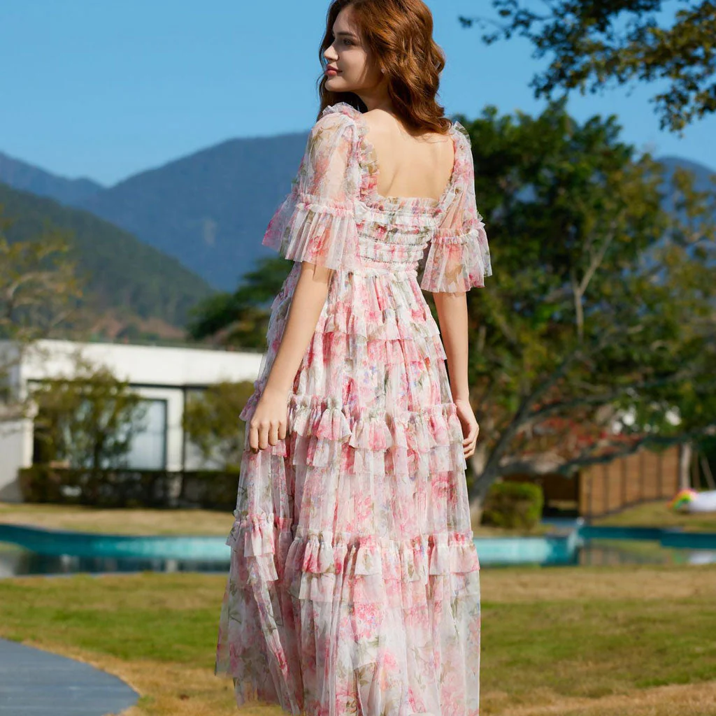 Breezy Short Sleeve A Line Summer Smocked Printed Floral Tulle Ruffle Maxi Dress - Image 4