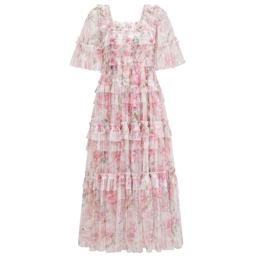 Breezy Short Sleeve A Line Summer Smocked Printed Floral Tulle Ruffle Maxi Dress - Image 5