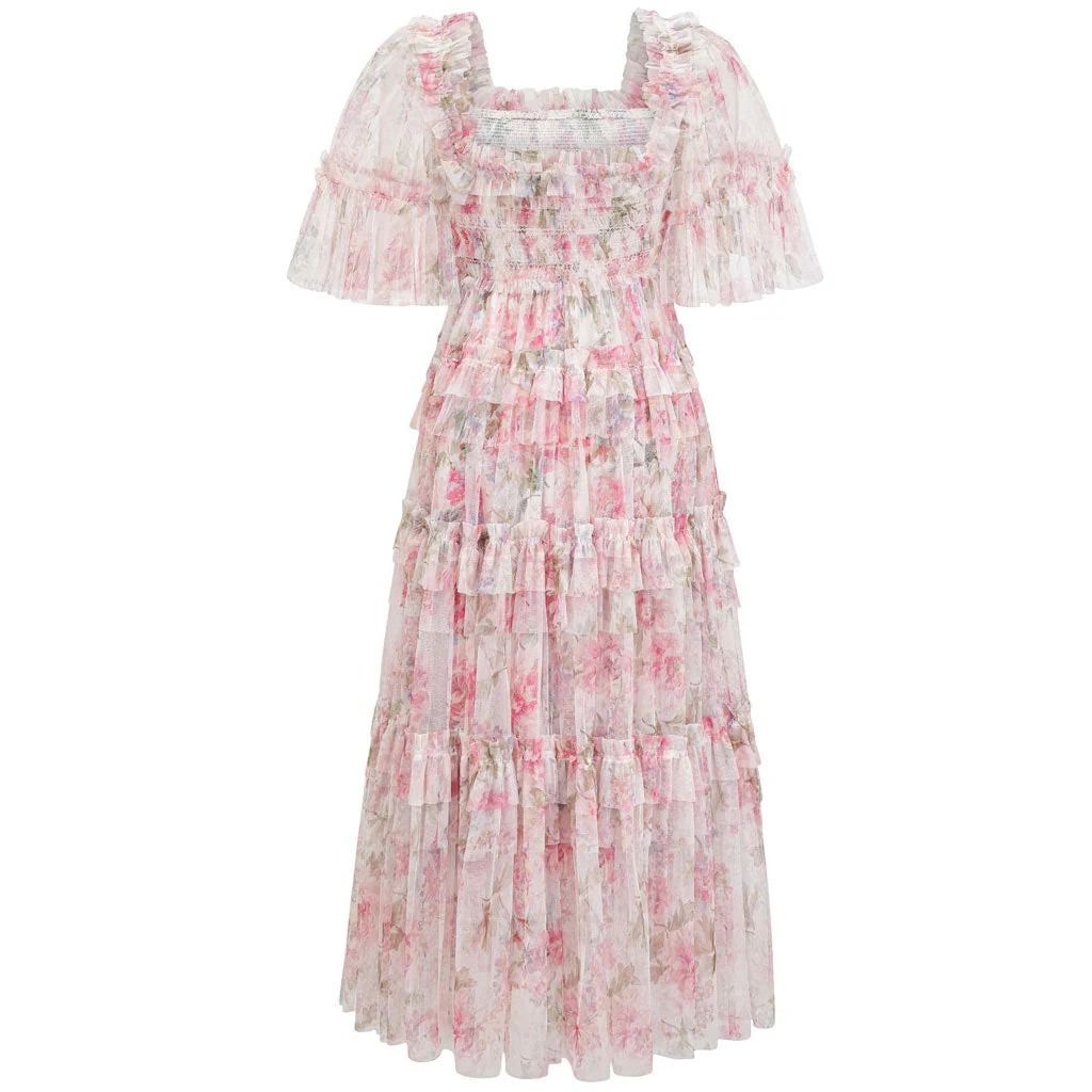 Breezy Short Sleeve A Line Summer Smocked Printed Floral Tulle Ruffle Maxi Dress - Image 6