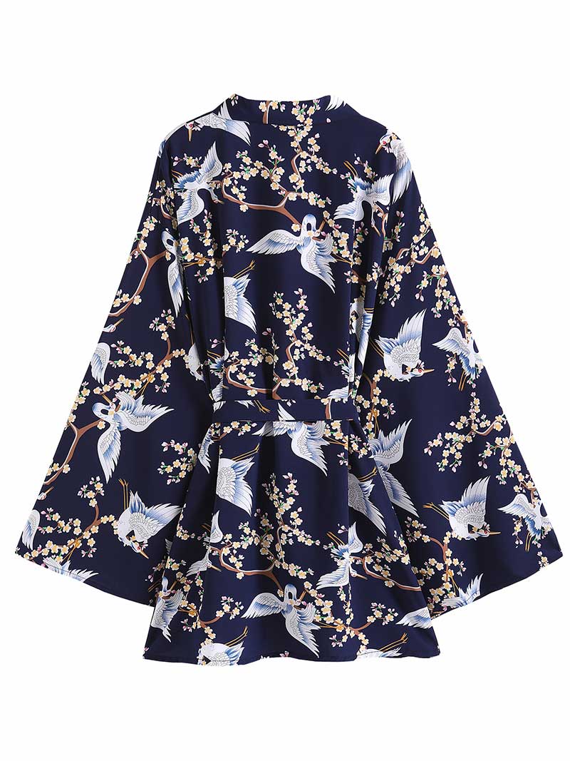 Party Wear Birds Print Dark-Blue Color Polyester Short Length Gown Robe Kimono Duster Robe - Image 2