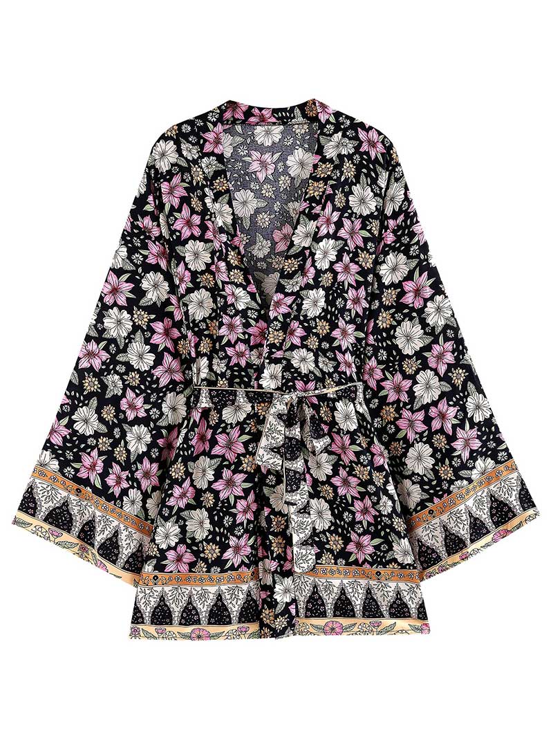 Bridal Wear Floral Print Orange & Black Cotton Short Length Gown Kimono Duster Robe - Image 2