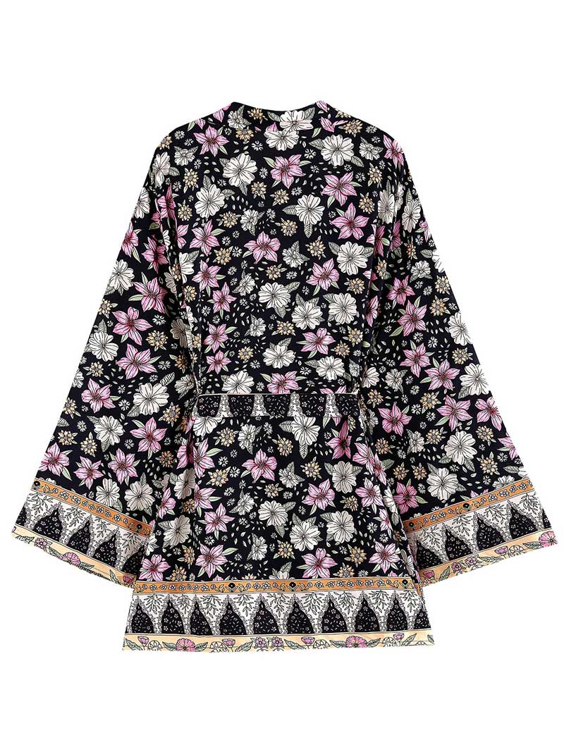 Bridal Wear Floral Print Orange & Black Cotton Short Length Gown Kimono Duster Robe - Image 3