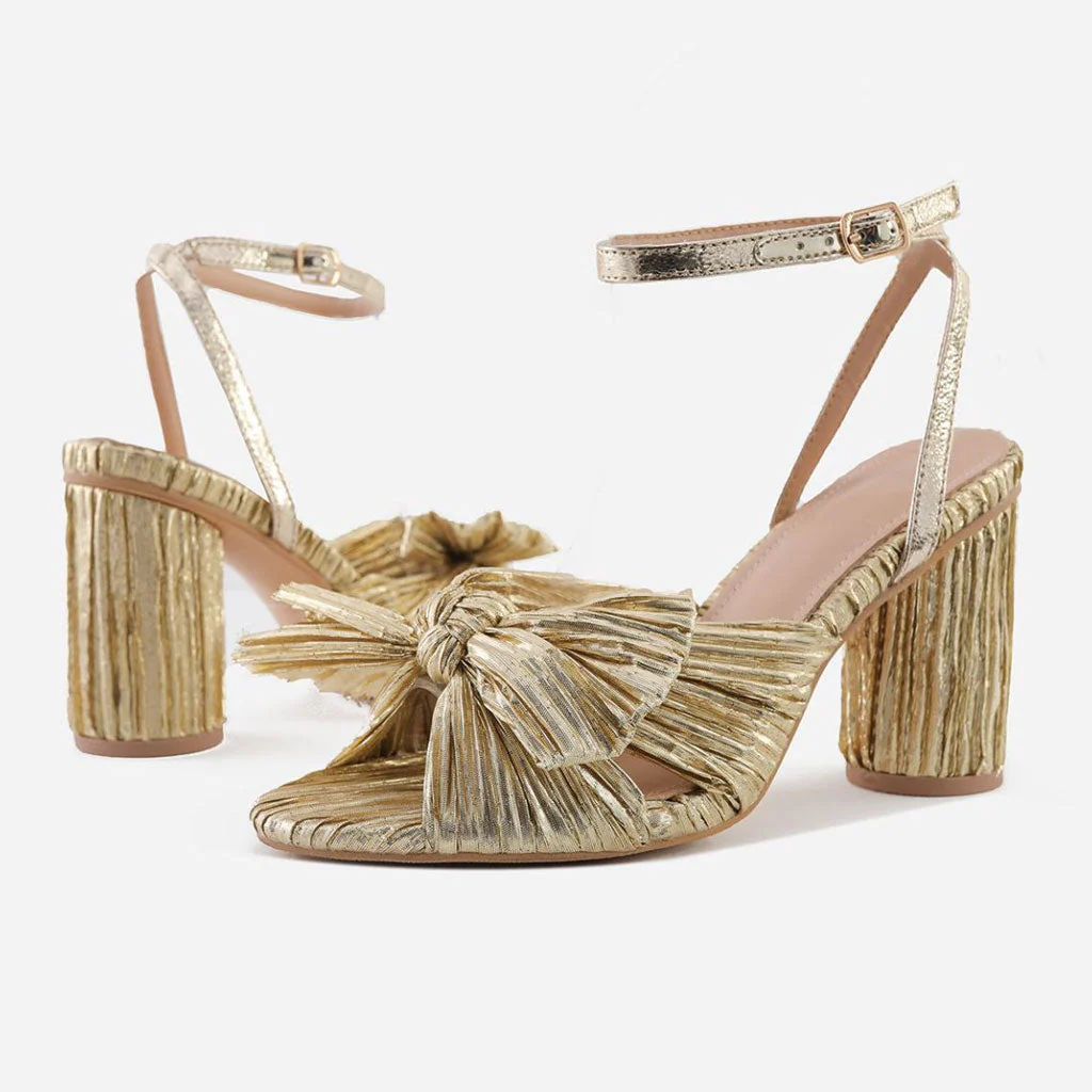 Butterfly Bow Trim Block Heel Peep Toe Pleated Sandals - Gold - Image 2