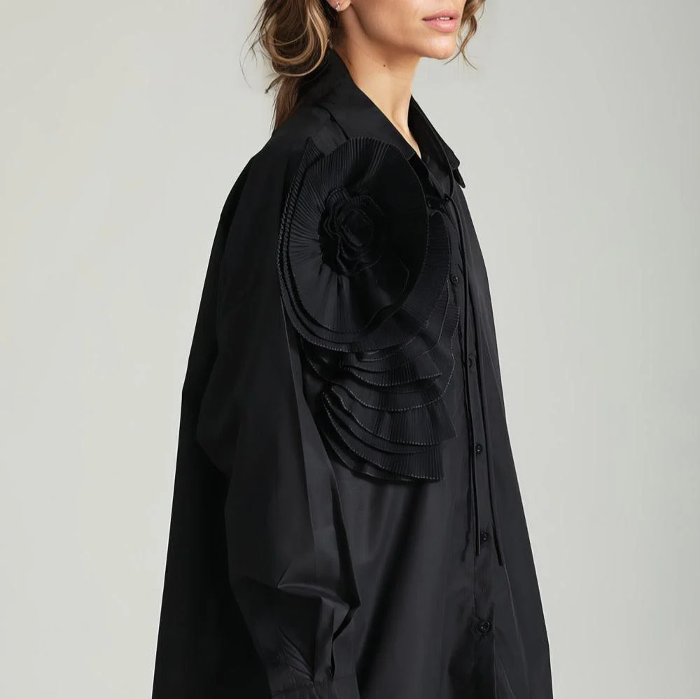 Black BUTTON-DOWN SHIRT with FLowER - Image 2