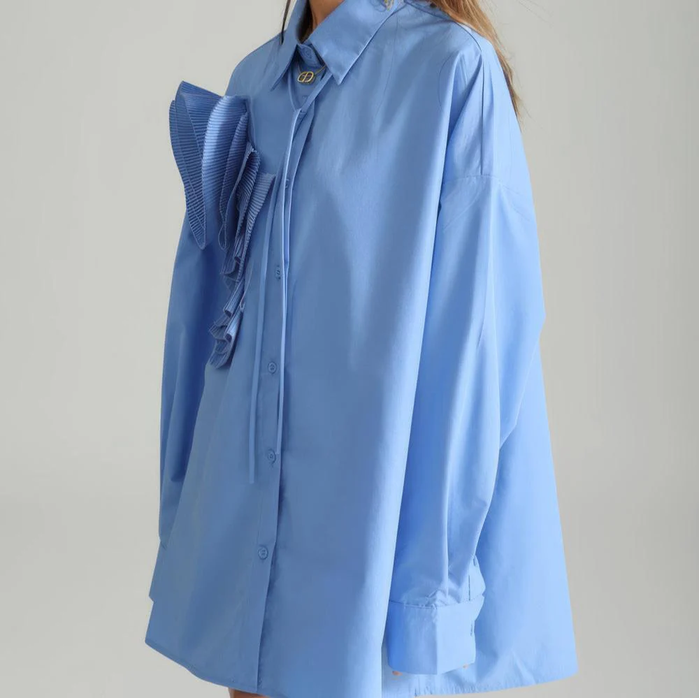 BLUE BUTTON-DOWN SHIRT with FLowER - Image 2