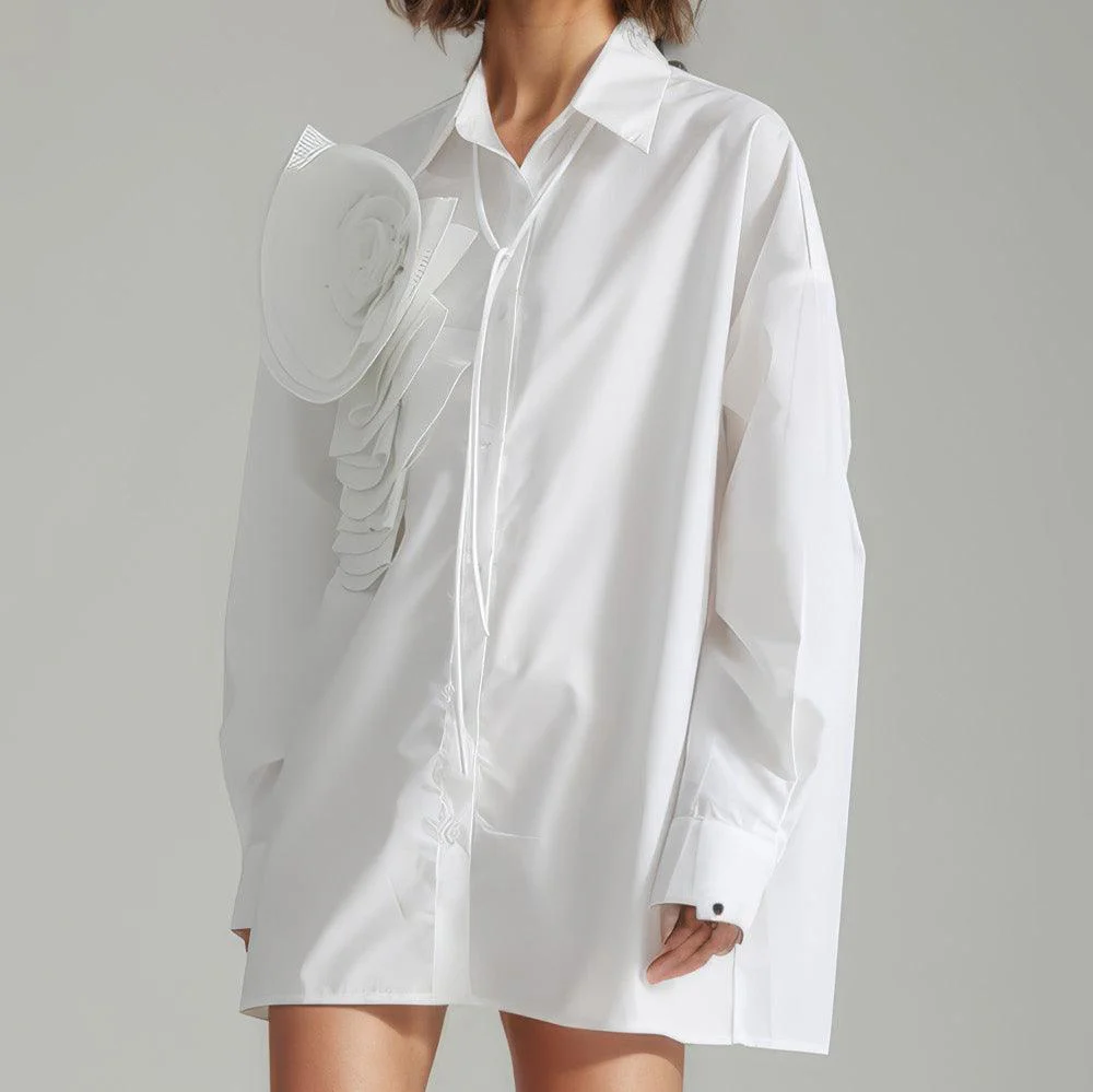 WHITE BUTTON-DOWN SHIRT with FLowER - Image 2