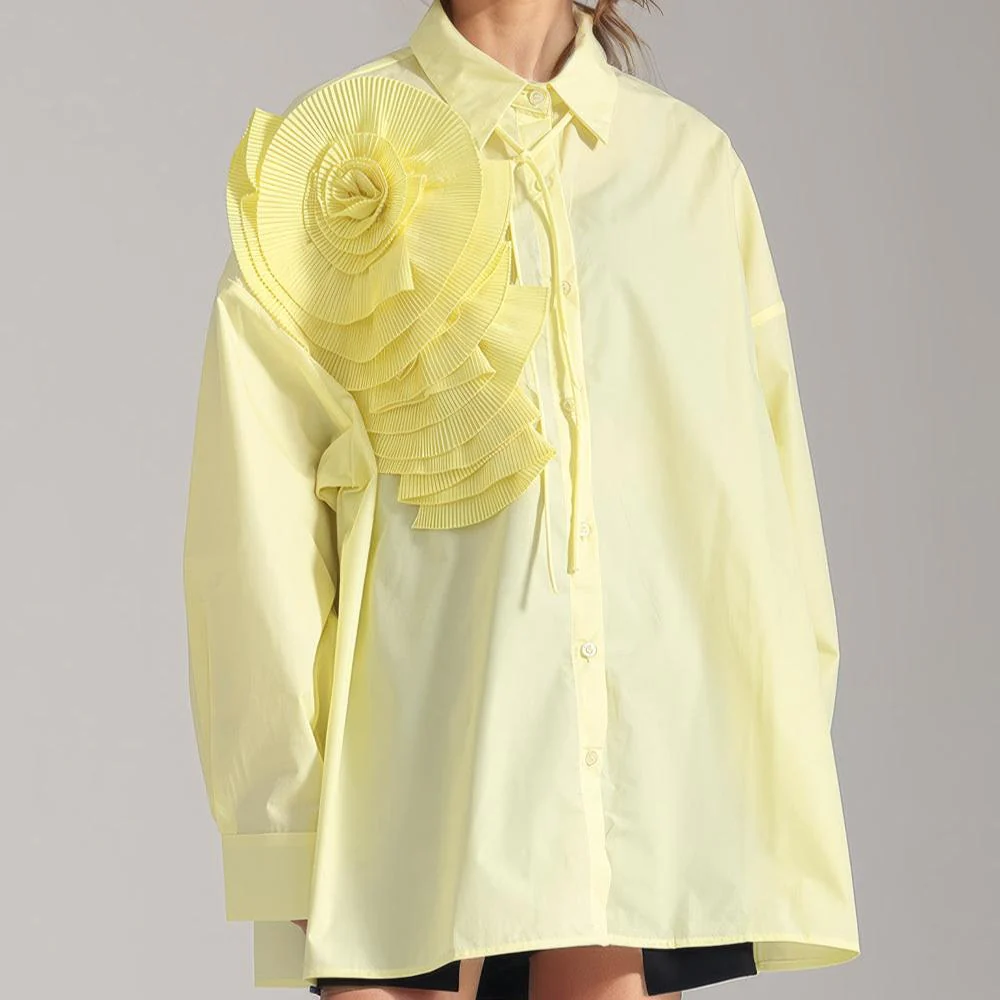 YELLow BUTTON-DOWN SHIRT with FLowER - Image 2