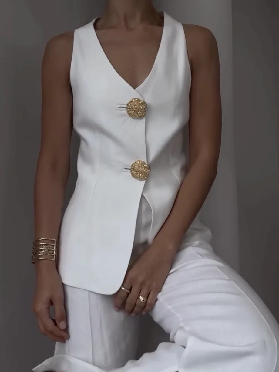 Button Split Sleeveless Pants Set - Image 10