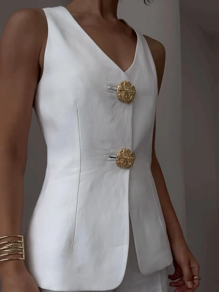 Button Split Sleeveless Pants Set - Image 2