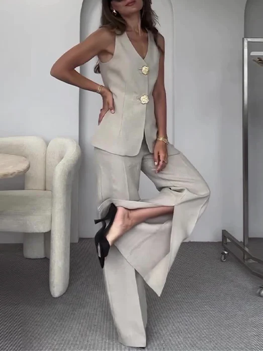 Button Split Sleeveless Pants Set - Image 3