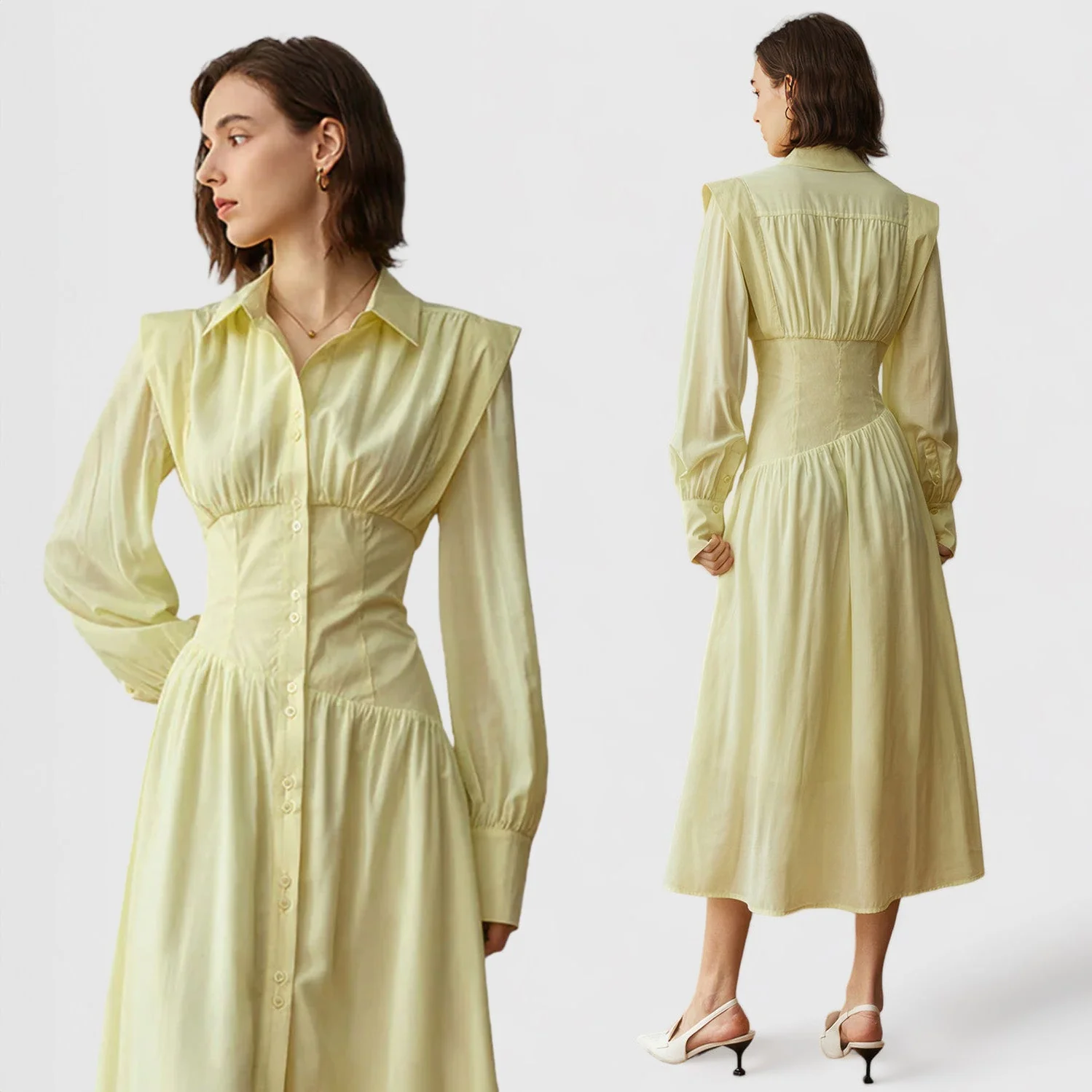 BUTTONED Long Sleeve MIDI Dress - YelLow - Image 2