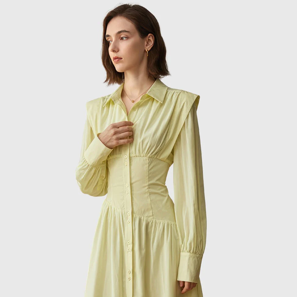 BUTTONED Long Sleeve MIDI Dress - YelLow - Image 3