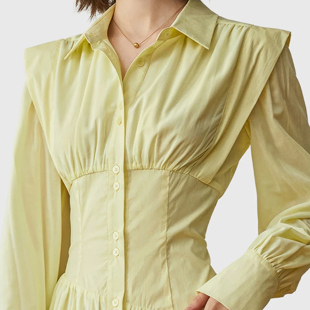 BUTTONED Long Sleeve MIDI Dress - YelLow - Image 4