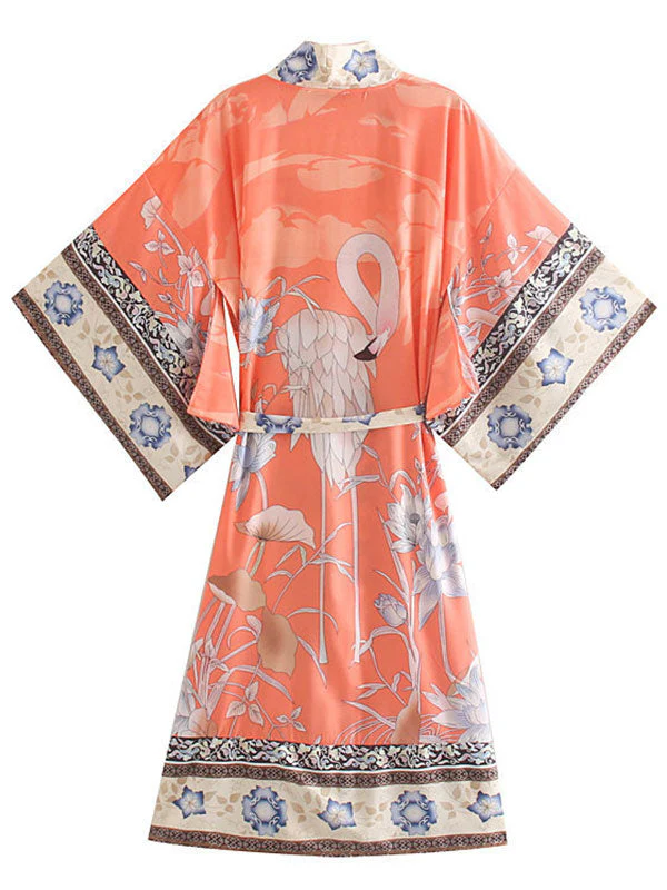 Partywear Floral Print Long Length Orange Color Cotton Gown Robe Kimono - Image 2