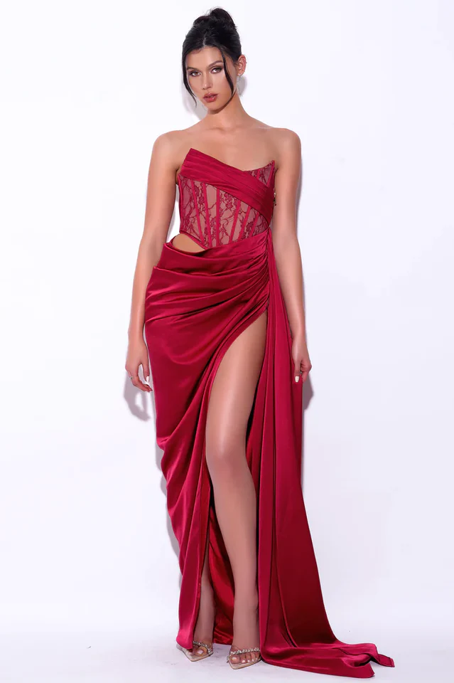 Callie Lace Satin Corset High Slit Gown - Image 3