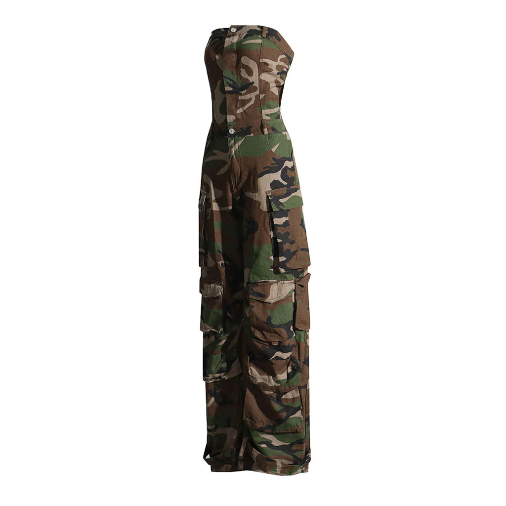 Camouflage Print Button Front Cargo Pocket Strapless Wide Leg Denim Jumpsuit - Image 2