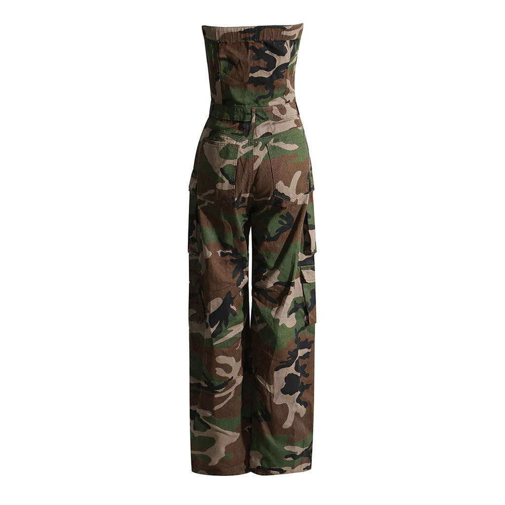 Camouflage Print Button Front Cargo Pocket Strapless Wide Leg Denim Jumpsuit - Image 3