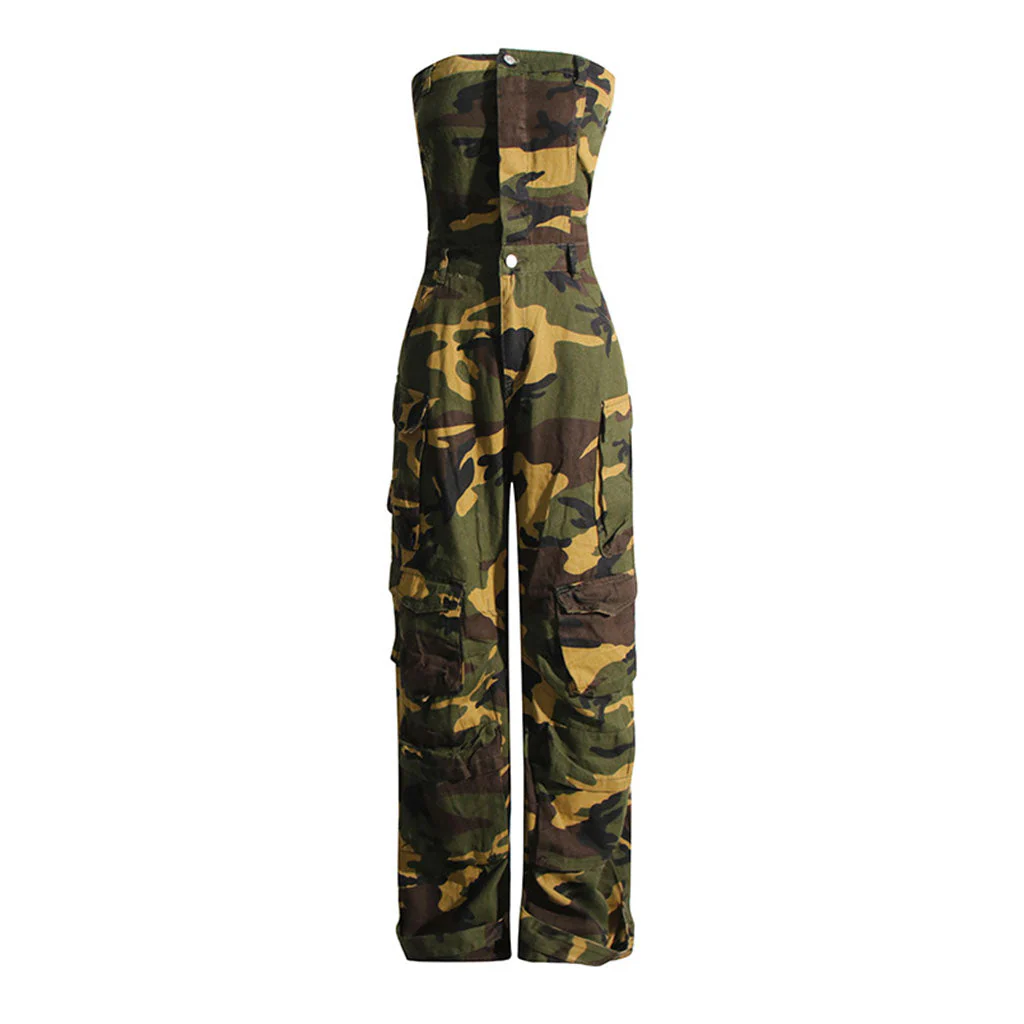 Camouflage Print Button Front Cargo Pocket Strapless Wide Leg Denim Jumpsuit - Image 4
