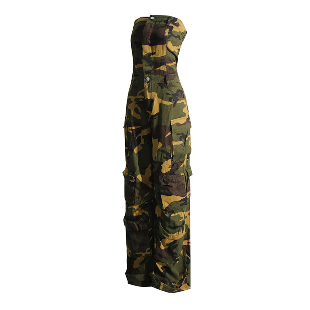 Camouflage Print Button Front Cargo Pocket Strapless Wide Leg Denim Jumpsuit - Image 5