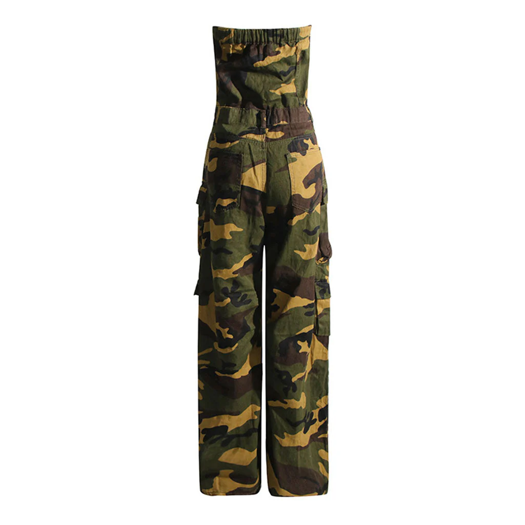Camouflage Print Button Front Cargo Pocket Strapless Wide Leg Denim Jumpsuit - Image 6